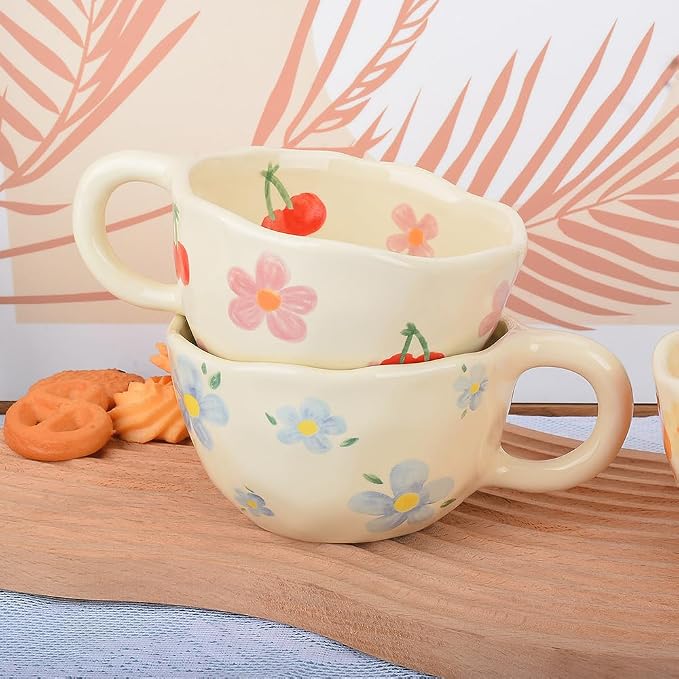 Cute Coffee Mug,Ceramic Tea cup,Kawaii coffee mugs,Handmade Creative Flower Pink mug with Spoon,Aesthetic mugs for milk Cappuccino Cocoa,8.5 oz Cheery Mug Gift for Women Christmas (Blue)