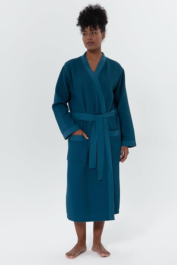 SEYANTE Women's Organic Cotton Waffle Kimono, Hooded Robe – GOTS Certified Lightweight Full-Length Spa Bathrobe with Piping