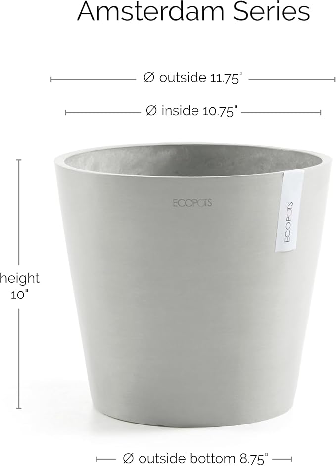 Ecopots Amsterdam Durable Modern Round Indoor/Outdoor Recycled-Based Composite Flower Pot Planter, White Grey, 12"