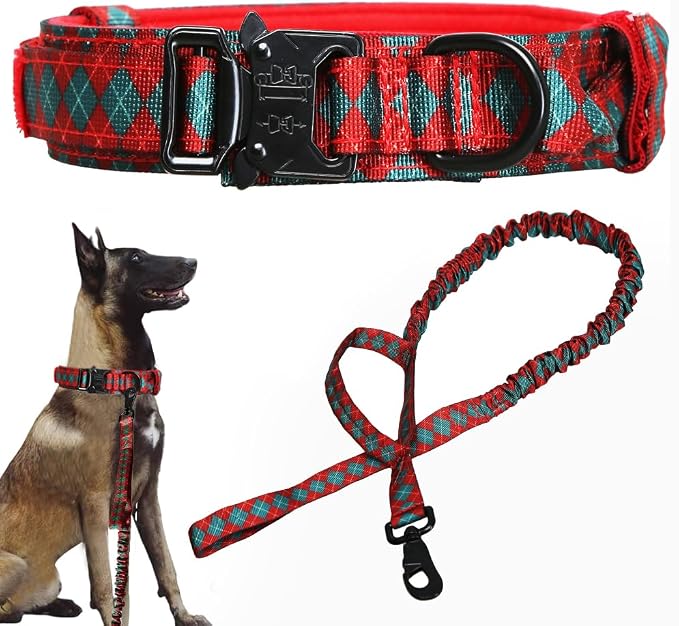 Christmas Tactical Dog Collar and Leash Set Adjustable Nylon Collar Dog Training Collar Leash Set with Control Handleand（Christmas Green S