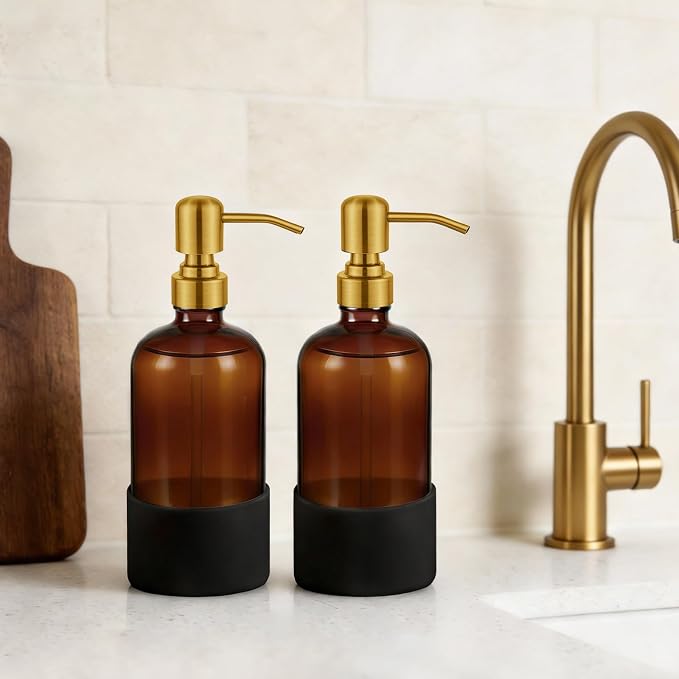 16 oz Hand and Dish Soap Dispenser Set for Kitchen and Bathroom, 500ml Amber Glass Soap Dispenser with Stainless Steel Golden Pump, Non-Slip Silicone Sleeves, Labels - 2 Pack