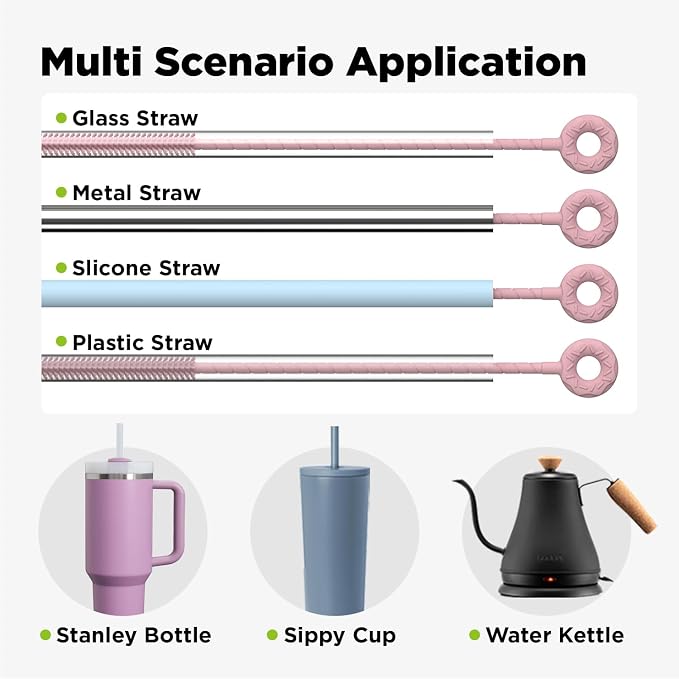 Silicone Straw Cleaner Brush, 2 Pcs Reusable Cleaning Brushes for Straws, 6mm&9mm, Pink