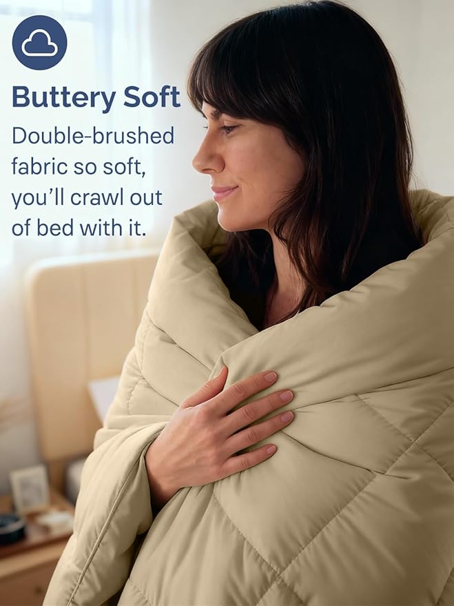Full Size, Beige Alternative Down Comforter - Warm, Lightweight & Breathable Hotel Quality Bedding Set for Men, Women, Kids and Teens - All Season Oversized Cooling Microfiber Duvet Insert Comforter