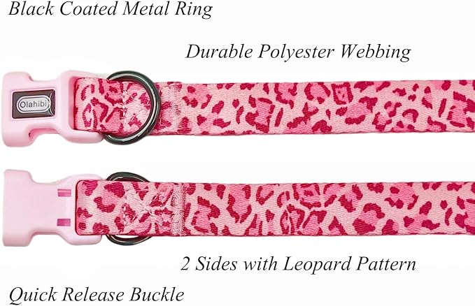 Dog Collar Leash Set, Leopard Pattern, Polyester Material, Adjustable Collar and 5ft Matching Leash, for Large Dogs.(L, Pink Leopard)
