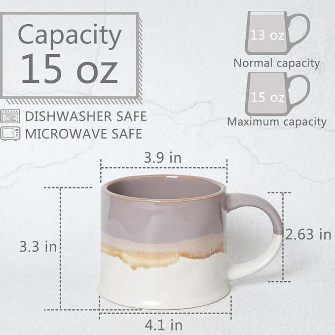 Bosmarlin Large Stoneware Coffee Mug Set of 2, Big Tea Cup for Office and Home, 15Oz, Dishwasher and Microwave Safe (Purple, 2)