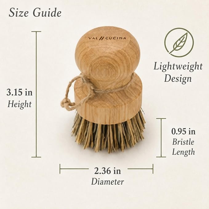 VAL CUCINA Natural Bamboo Dish Brush 2 PCS - Eco-Friendly Wooden Scrub Brush for Dishes, Pots, Pans and Cast Iron Skillet - Plant-Based Sisal & Coconut Bristles Kitchen Sink Scrubber