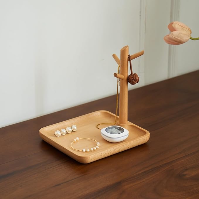 Solid Beech Wood Key Tray and Bowl for Entryway Table - Smooth Polished Branch-Shaped Organizer With Hooks for Keys, Wallet, Jewelry, Glasses (Beech, Square)