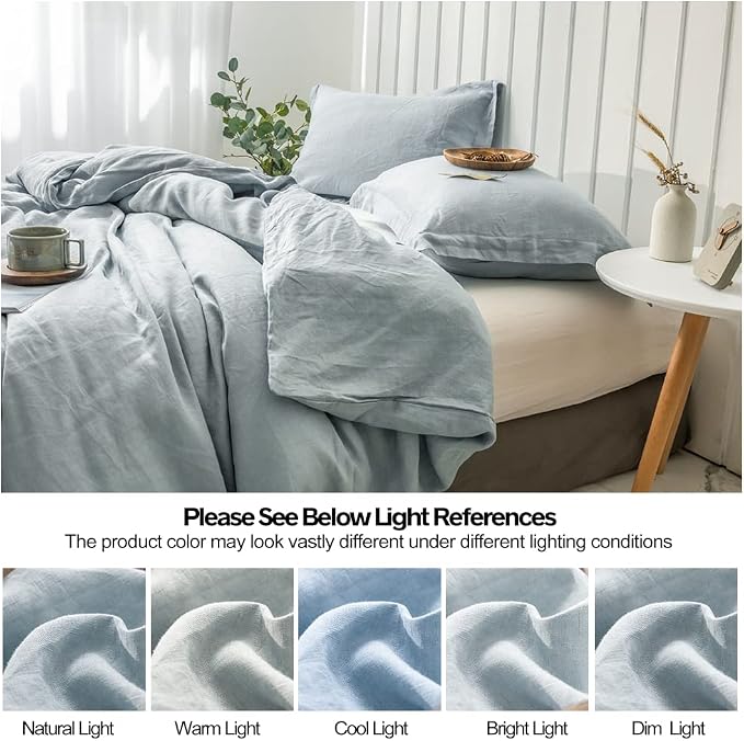 Simple&Opulence 100% Linen Duvet Cover Set 3pcs Basic Style Natural French Washed Flax Solid Color Soft Breathable Farmhouse Bedding with Button Closure - Dusty Blue, King