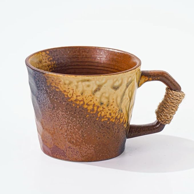 10oz Retro Vintage Japanese Style Handmade Ceramic Tea Cup with Handle, Lead-Free Reactive Glaze Artisanal Coffee Mug, Handmade Pottery Tea Mug for office and home,for Latte and Cappuccino,Brown