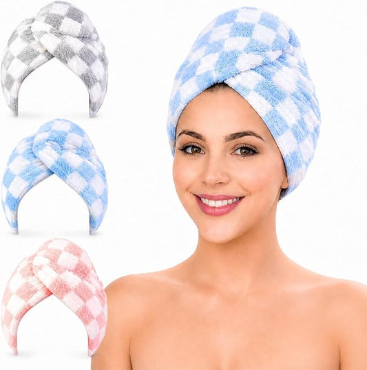 KELVO Microfiber Hair Towel Wrap for Women-Pack of 3, 350 GSM Super Absorbent Quick Dry Hair Turban Anti-Frizz Head Wrap for Curly, Long & Thick Hair Soft Hair Drying Towel (Checkered, Mixed Color)