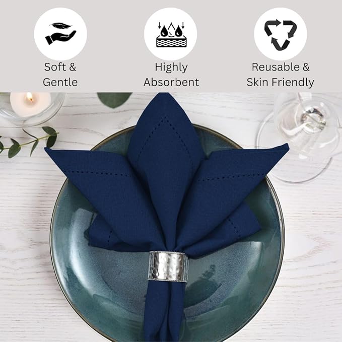 Hemstitch Cloth Dinner Napkins 100% Cotton Set of 6 - for Dining Special Occasions Weddings Parties Holidays Easter - Soft Durable Reusable - 18x18 Inch Table Cloth Napkins Navy Blue