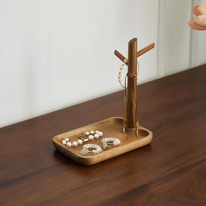 Solid Acacia Wood Key Tray and Bowl for Entryway Table - Jewelry Tray With 3 Hooks, Open Storage for Wallet, Glasses, Watches, Lipstick (Acacia, small)