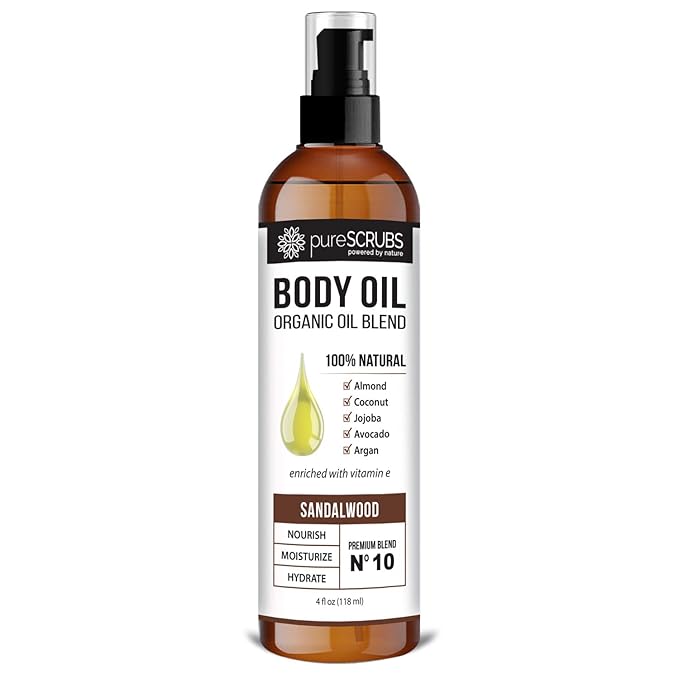 pureSCRUBS Ultra Moisturizing Sandalwood Body Oil for Dry Skin, 4oz | Luxurious After Shower Body Oil for Soft, Silky, Glowing Skin, Non-Greasy, Fast Absorbing & Hydrating Formula with Vitamin E