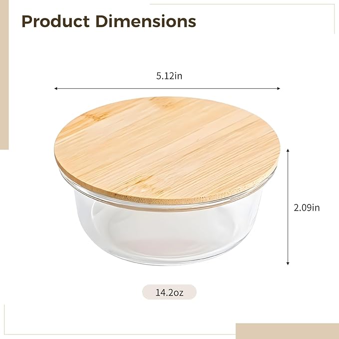 Glass Food Storage Bowl with Bamboo Lid, Clear, Microwave & Dishwasher Safe, 420 Ml/14.2 Oz