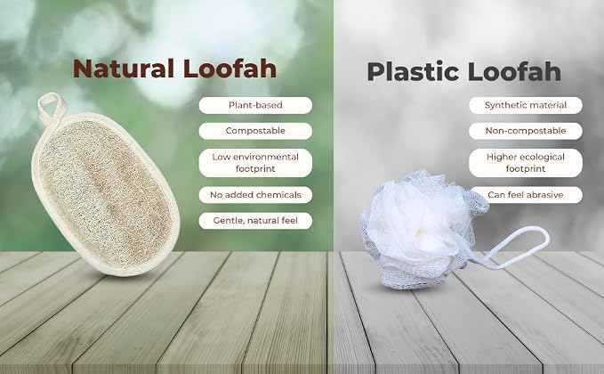 Double Sides Natural Loofah Sponge, Exfoliating Body Scrubbers (2 Pack), Biodegradable Bath Sponge, Gentle, Chemical-Free Bath & Body Loofah for Women, Men, Kids, Made with Natural Loofah