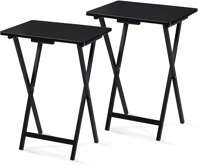 PJ Wood 2-Pack Folding TV Tray Set, Black - Collapsible Portable Snack Serving Tables, Home Furniture for Living Room, Bedroom, and Kitchen