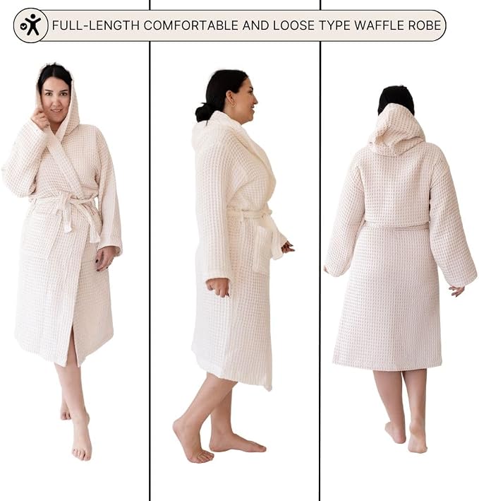Unisex Hooded Waffle Robe for Women & Men 100% Turkish Cotton | Quick-Dry Bathrobe | Cozy Housecoat for Lounging