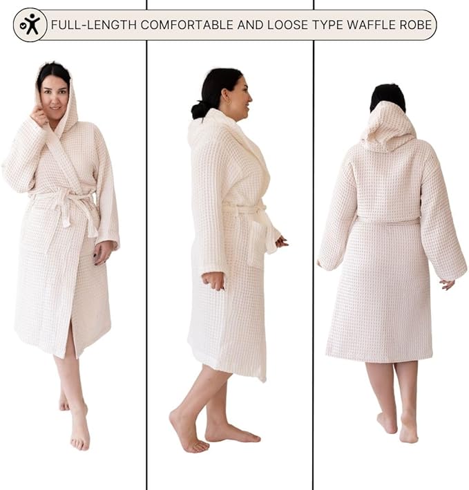 Unisex Hooded Waffle Robe for Women & Men 100% Turkish Cotton | Quick-Dry Bathrobe | Cozy Housecoat for Lounging