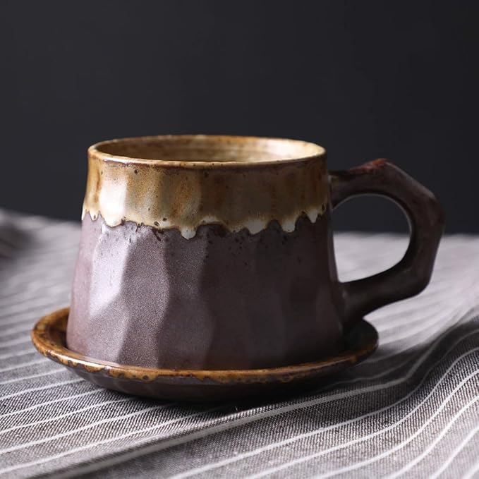 Vintage Faceted Speckled Ceramic Coffee Mug with Saucer, Rustic Stoneware Cup for Tea Latte (YF-CS04)