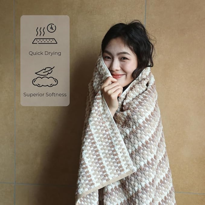 Premium Luxury Waffle Weave Cotton Towel Set - 160g Hand Towel & 650g Oversized Bath Towel (30"x60") - Ultra Absorbent, Quick-Dry, Soft Textured Jacquard (Sandalwood)