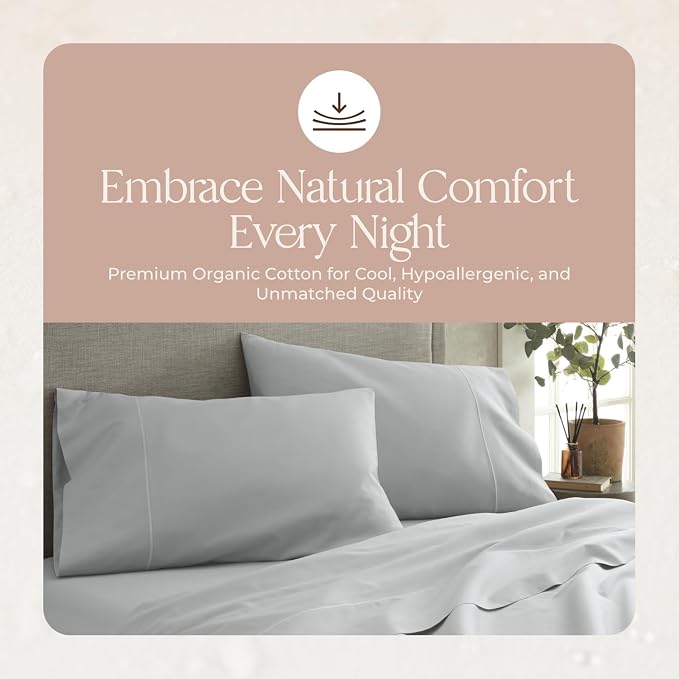 Organic Twin Fitted Sheet Only Deep Pocket - 100% Organic Cotton Sheets with Breathable 300 Thread Count Sateen Weave GOTS & Fairtrade Certified - Soft Fitted Bed Sheets Only (Shore, Twin)