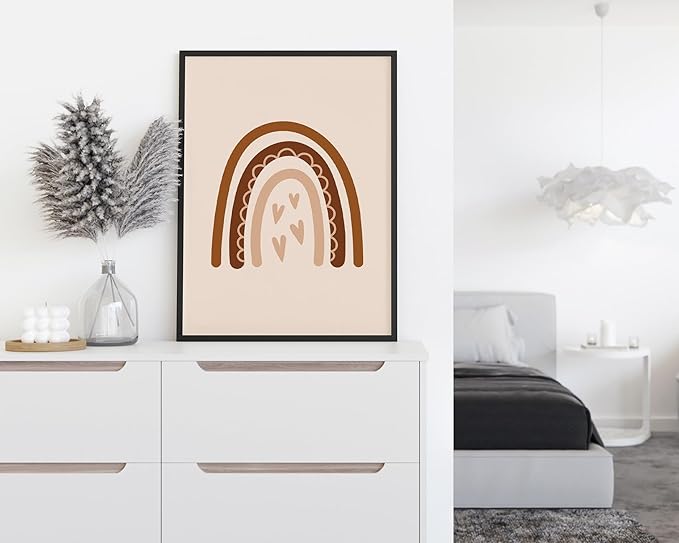 Boho Nursery Rainbow Wall Art with Hearts Earth Tones Terracotta Brown Scandi Minimalist Style 12x16 Inch Oak Wood Black Framed Playroom Decor Print for Kids Room