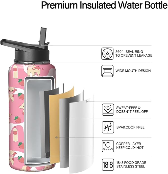 18oz Pink Cow Strawberry Water Bottle with Handle and Flip Straw,Animal Sports Stainless Steel Insulated Cup Travel Coffee Mug Tumbler, Birthday Mothers Day Chritmas Gifts for Women