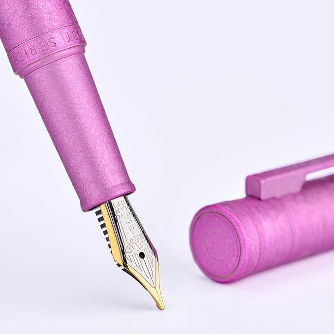 Hongdian 1851 Forest Fountain Pen Pink Ice Flowers, Blade Nib Classic Design Calligraphy Pen with Converter and Metal Pen Case