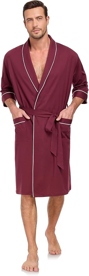 COLORFULLEAF 100% Cotton Men’s Summer Bathrobe Lightweight & Breathable Short Sleeve Kimono Robe with Pockets