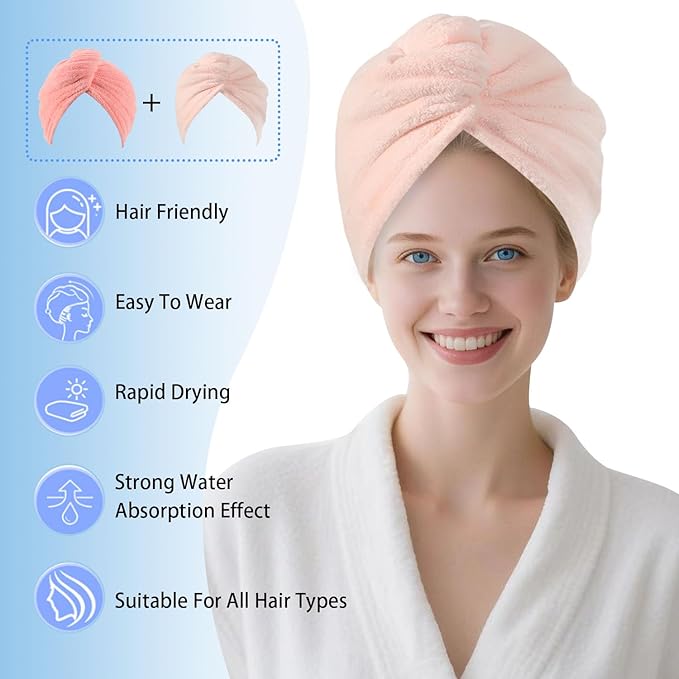 Microfiber Hair Drying Towel Wrap for Women, Hair Turbans Towel for Wet Hair,turbie Twist Hair Towels(The Color of the Picture is for Reference only) (Pink,Light Pink)