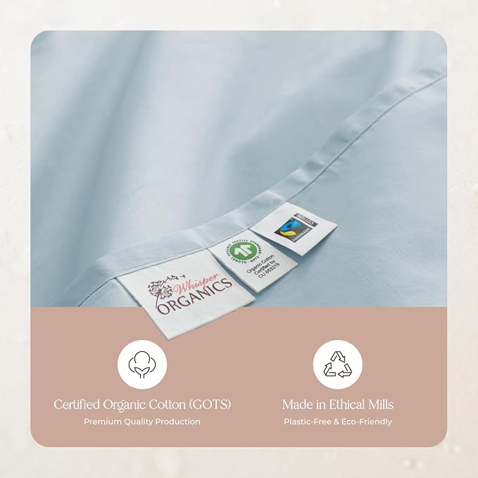 Whisper Organics, Queen Bed Sheet - 100% Organic Cotton Fitted Sheet - 300 Thread Count, Fitted Sheet Only - GOTS Certified - Deep Pocket, Powder Blue Color (Queen Size)