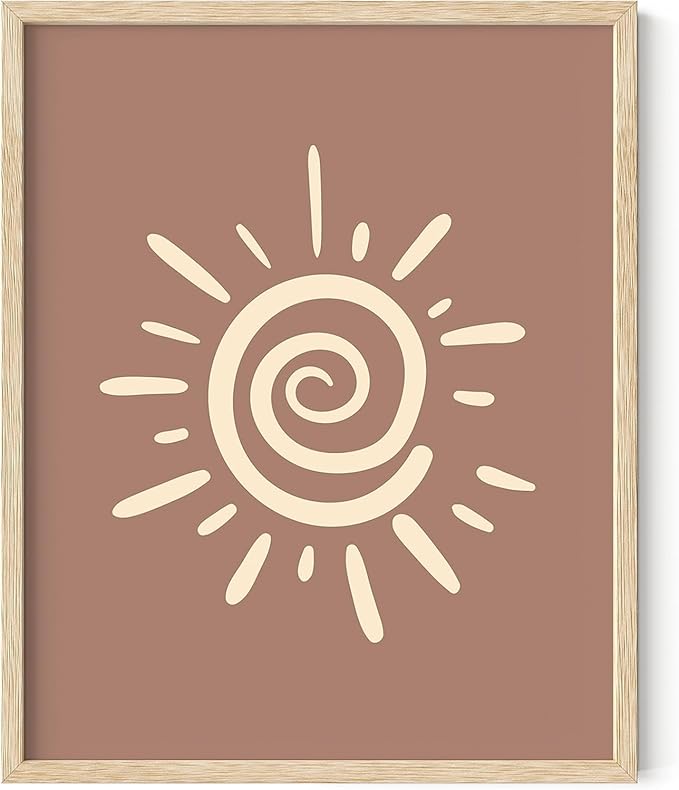 Abstract Spiral Sun Wall Art Swirl Sunburst Print Earth Tones Terracotta Tan Mid Century Modern 16x20 Inch Oak Wood Beige Framed Tribal Boho Decor for Living Room