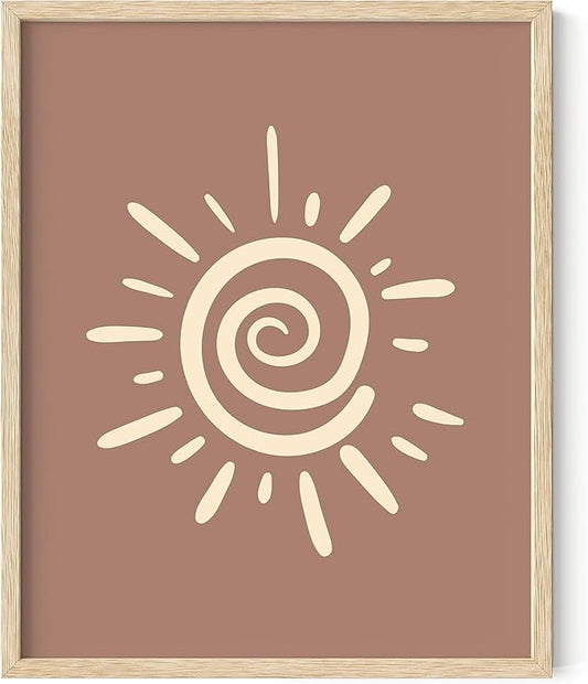 Abstract Spiral Sun Wall Art Swirl Sunburst Print Earth Tones Terracotta Tan Mid Century Modern 16x20 Inch Oak Wood Beige Framed Tribal Boho Decor for Living Room