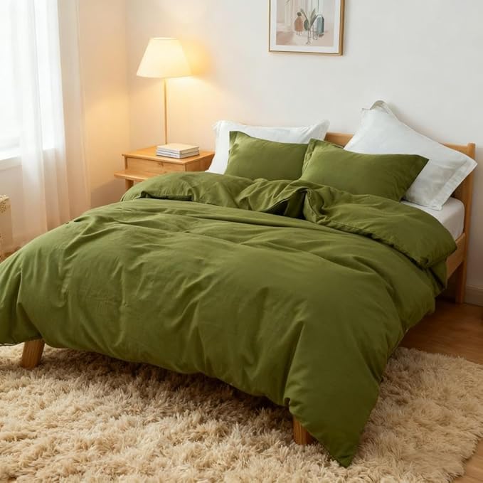Simple&Opulence French Linen Duvet Cover Set 104"x 92"- 3 Pieces (1 Comforter Cover,2 Pillowcases)-Natural Flax Cotton Blend-Solid Color Breathable Farmhouse Bedding-Forest Green, King