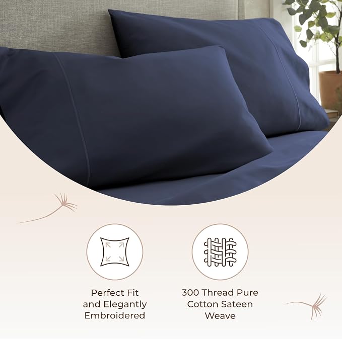 100% Organic Cotton Pillow Cases Standard Size Set of 2-100% Cotton Pillowcases GOTS Certified 300 Thread Count - Naturally Cooling Comfortable Breathable & Soft Pillow Cases (Navy, Standard)