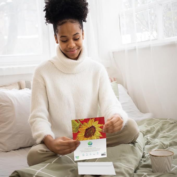 Tree-Free Greetings - All Occasion Cards - Artful Designs - 16 Assorted Cards + White Envelopes - Made in USA - 100% Recycled Paper - 4 x 6 - Sunflowers (FP54173)
