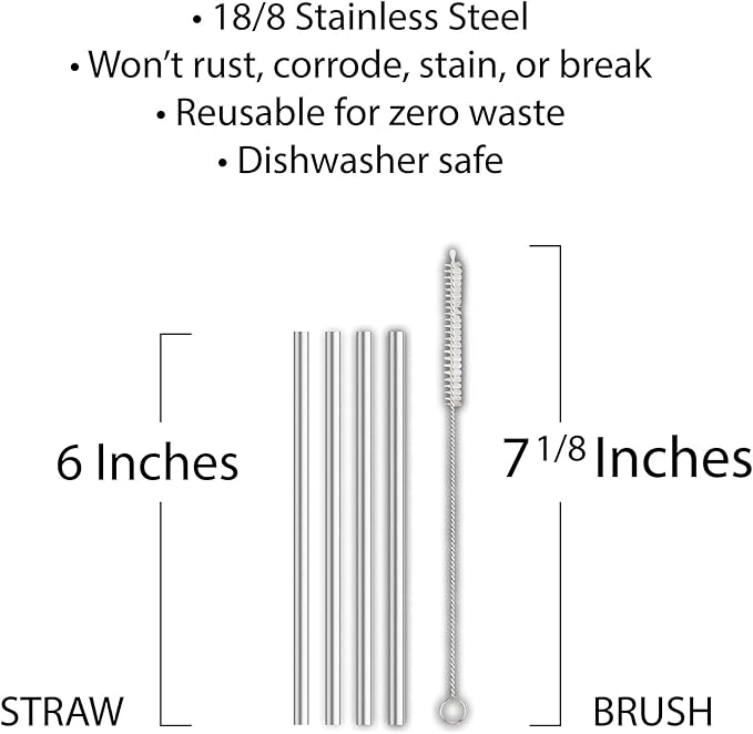 HIC Kitchen Bar Reusable Cocktail Straws with Cleaning Brush, 18/8 Stainless Steel, Set of 4