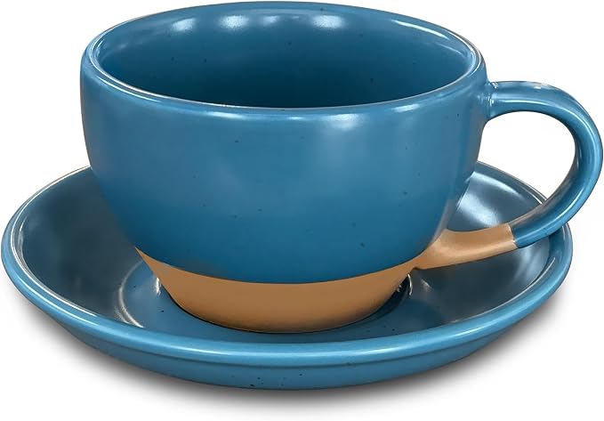 MORA Ceramic Latte Art Mug With Saucer - 10.5 oz, Round Bottom For Perfect Pours - Cafe Cups for Cappuccino, Espresso, Coffee, Tea etc - Porcelain Set for Baristas, Great Gift - Azure Blue