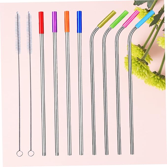 8-Piece 304 Stainless Steel Reusable Drinking Straws Set with Food-Grade Silicone Tips Curved and Straight Straws for Smoothies Cocktails and Juices