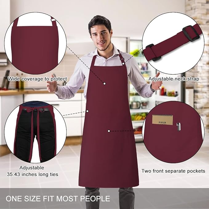 Jubatus 2 Pack 100% Cotton Aprons with 2 Pockets Cooking Chef Kitchen Adjustable Bib Apron for Women Men, Wine Red