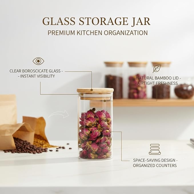 Borosilicate Glass Storage Jar with Bamboo Lid, Airtight Dry Food Canister for Kitchen Pantry & Countertop Organization