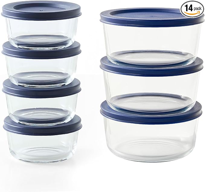 14-Piece Glass Food Storage Containers Set (7 Containers + 7 BPA-Free Lids) | 1-Cup & 4-Cup, Leakproof | Microwave, Freezer, Oven & Dishwasher Safe | Ideal for Meal Prep & Pantry Organization, Blue