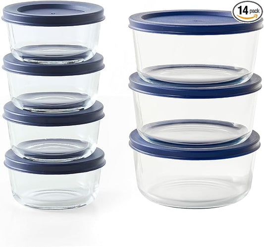 14-Piece Glass Food Storage Containers Set (7 Containers + 7 BPA-Free Lids) | 1-Cup & 4-Cup, Leakproof | Microwave, Freezer, Oven & Dishwasher Safe | Ideal for Meal Prep & Pantry Organization, Blue
