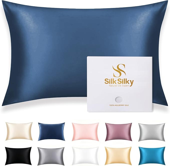 SilkSilky 100% Mulberry Silk Pillowcase - Pure 22 Momme High-Grade 6A Fibers for Hair & Skin, Hidden Zipper, Natural, Organic, Breathable & Cooling Pillow Case (Standard 20''x26'', DarkBlue)