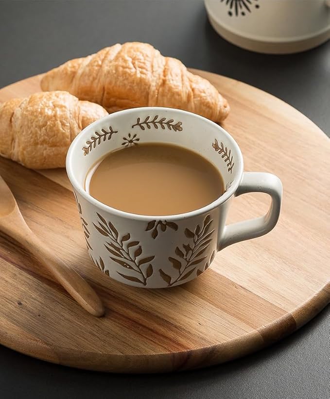 Handmade Ceramic Mugs, 12 oz Coffee Cups, Tea Mugs, Farmhouser Mug, Luxurious Cups for Office Home Microwavable, Porcelain Coffee Cups With Handle - Modern, Boho, Unique Style Wisteria Leaves