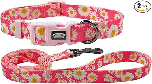 Dog Collar and Leash Set, Cute Pink Daisy Pattern, Polyester Material, 5ft Leash, for Medium Dogs.(Medium,Pink Daisy)