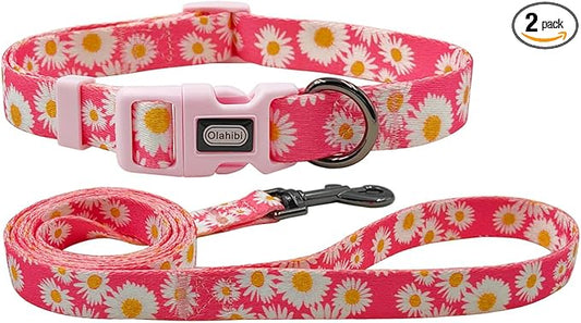 Dog Collar and Leash Set, Cute Pink Daisy Pattern, Polyester Material, 5ft Leash, for Puppy Dogs.(Extra Small, Pink Daisy)