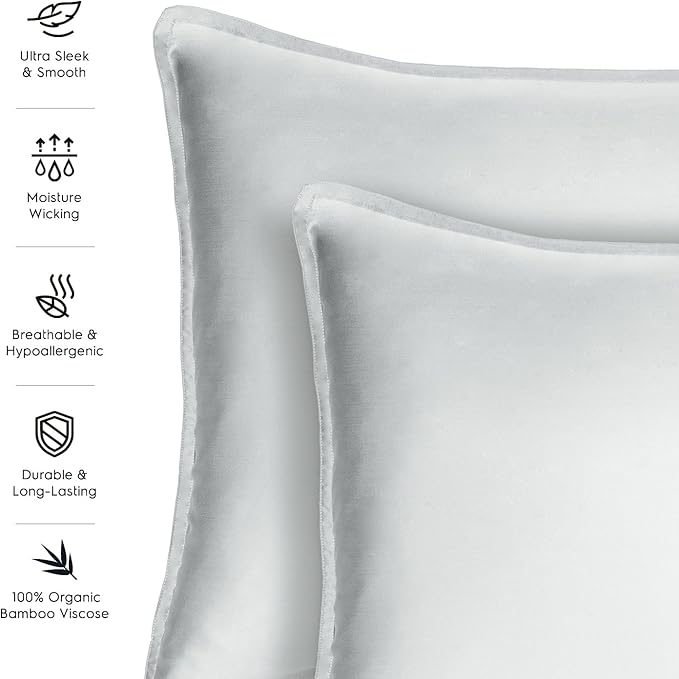 Tafts Pillow Cases Standard Size - Pure 100% Viscose Derived from Bamboo Luxuriously Soft, Silky, Cooling, Double Stitched, Envelope Closure (2 Pillowcases, Light Grey)
