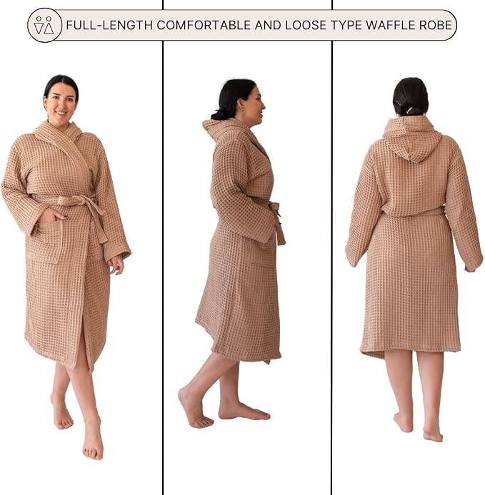 Unisex Hooded Waffle Robe for Women & Men 100% Turkish Cotton | Quick-Dry Bathrobe | Cozy Housecoat for Lounging