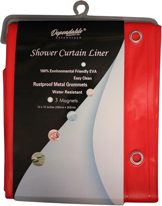 Dependable Industries inc. Essentials Premium 6 Guage EVA Shower Curtain Liner - PVC Free Magnetized Bottom Odorless with Rustproof Grommets (Red)